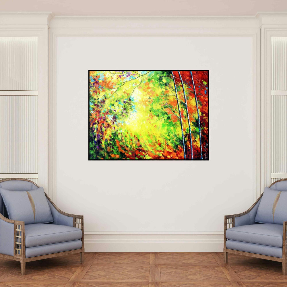 'Colours Of Autumn Replica' painting by Bahadur Singh shown on a wall in a furnished room.