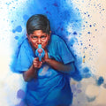 Colours Of Childhood' figurative mixed-media painting by artist Dinesh Mane, 25x21 inch, on linen