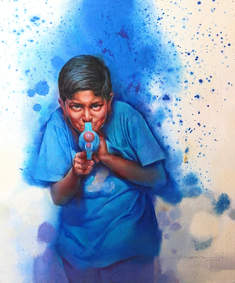 Colours Of Childhood' figurative mixed-media painting by artist Dinesh Mane, 25x21 inch, on linen