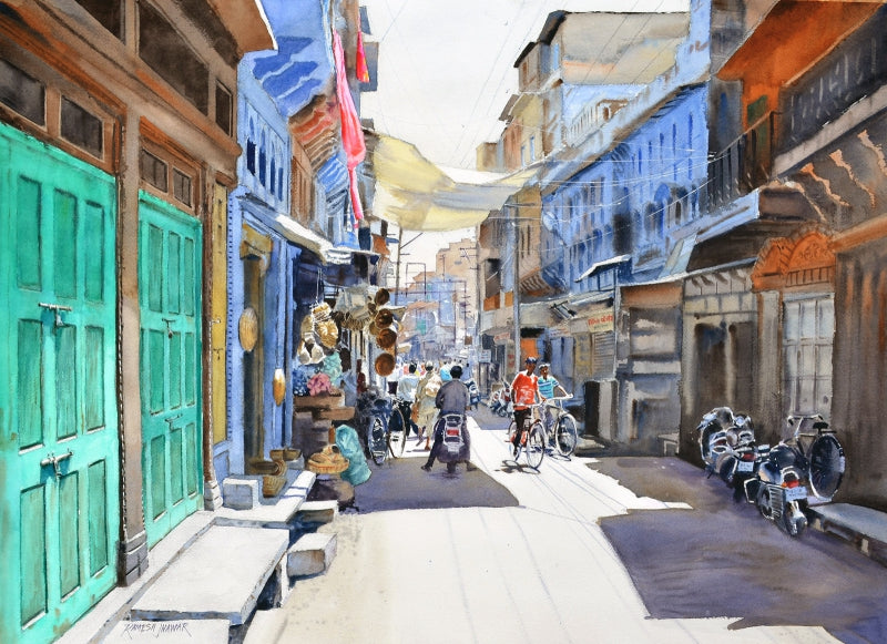 'Colours Of Jodhpur' cityscape watercolor painting by artist Ramesh Jhawar, 21x29 inch, on paper