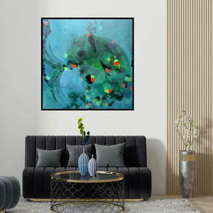 Asif Sharief Shaikh's 'Colours Of Life 114 (Abstract in Blue and Green)' painting visualized above a sofa in a contemporary room.