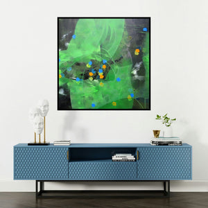 'Colours Of Life 115 (Green and Blue Abstract)' painting by Asif Sharief Shaikh shown on a wall in a furnished room.