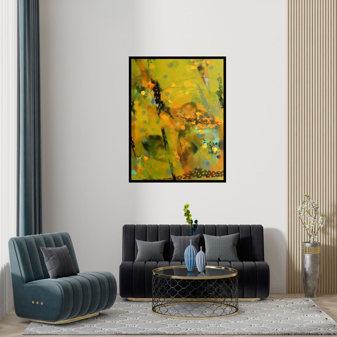 Preview of 'Colours Of Life 118' Painting by Asif Sharief Shaikh shown on a wall in a furnished room.