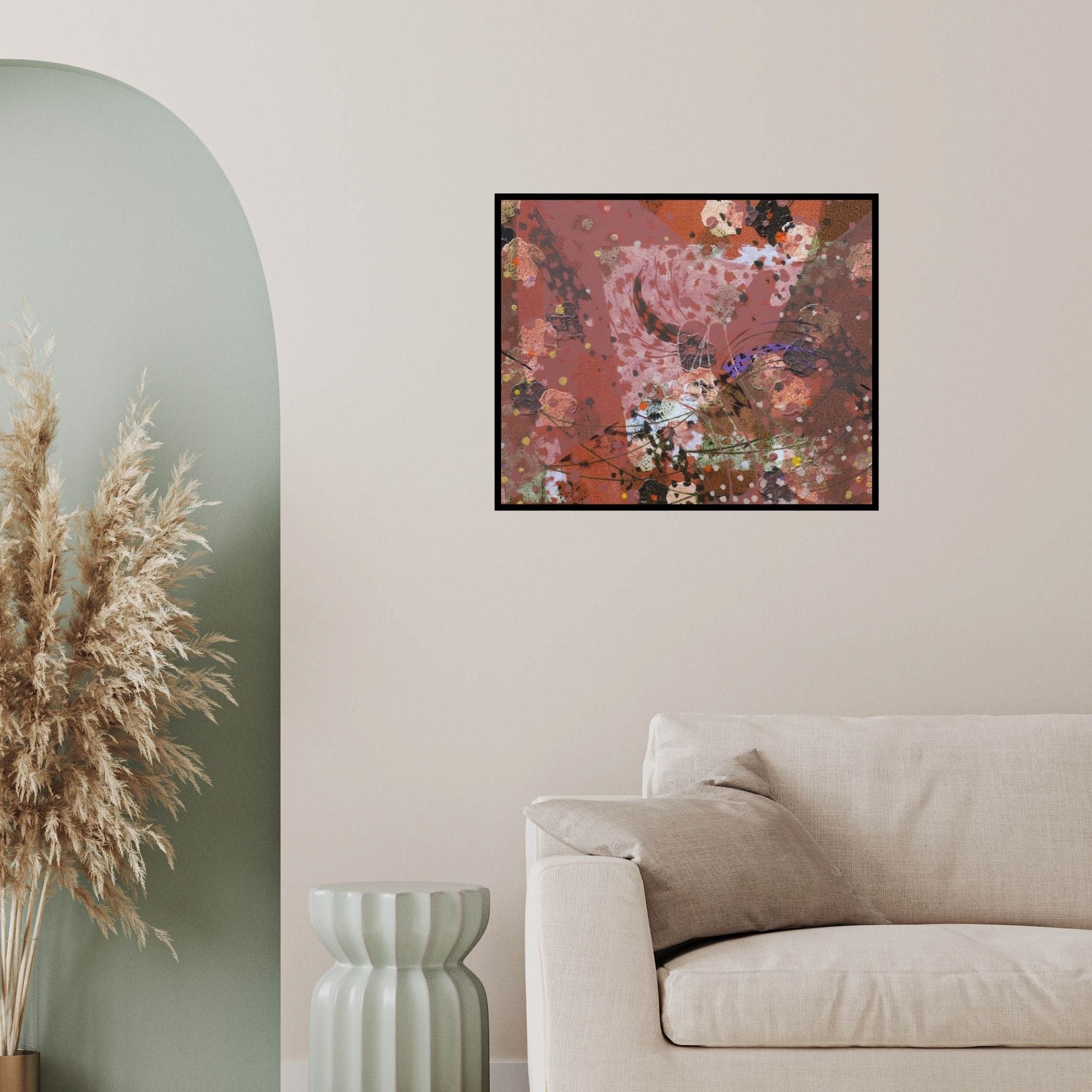 In-situ view of Asif Sharief Shaikh's 'Colours Of Life 158 (Crimson Chaos)' painting in a room