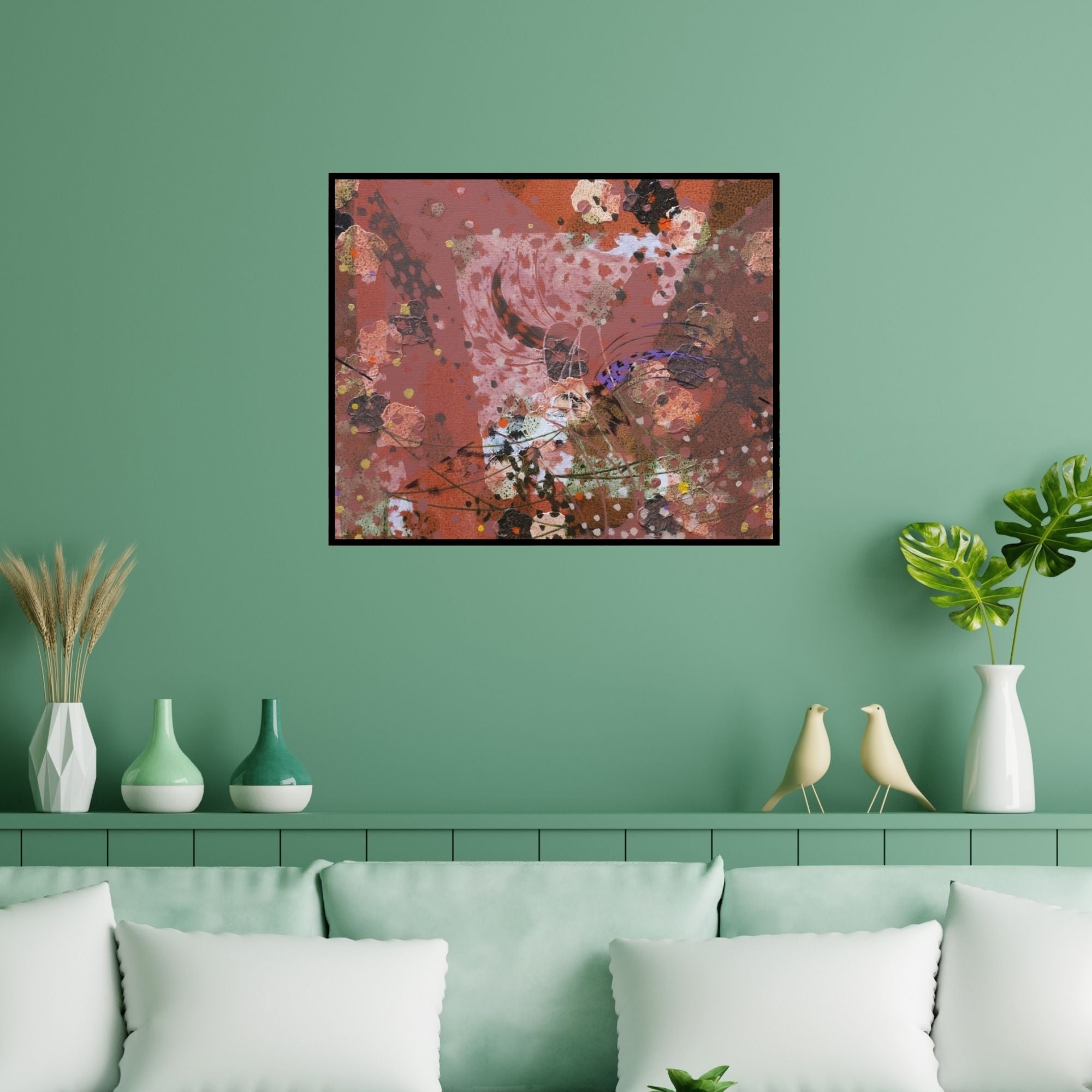 Preview of 'Colours Of Life 158 (Crimson Chaos)' Painting by Asif Sharief Shaikh shown on a wall in a furnished room.