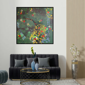 Asif Sharief Shaikh's 'Colours Of Life (Abstract Floral Explosion)' painting visualized above a sofa in a contemporary room.