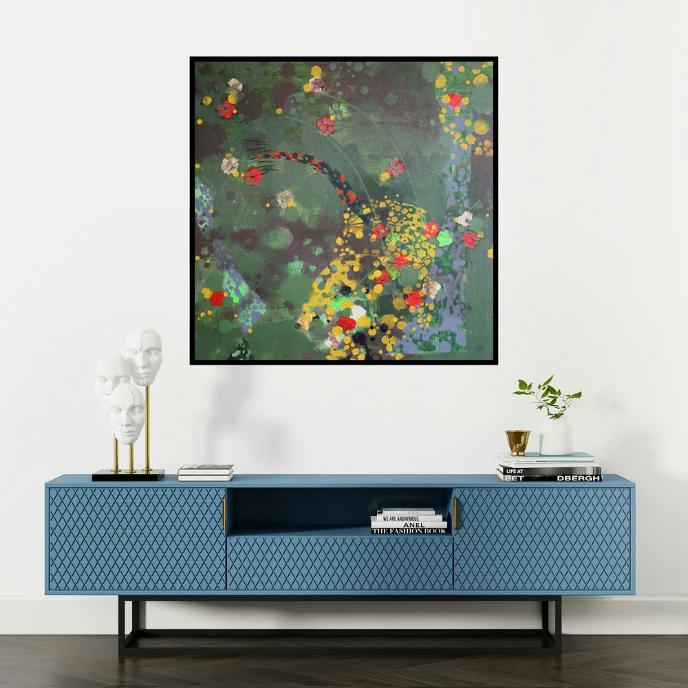 'Colours Of Life (Abstract Floral Explosion)' painting by Asif Sharief Shaikh shown on a wall in a furnished room.