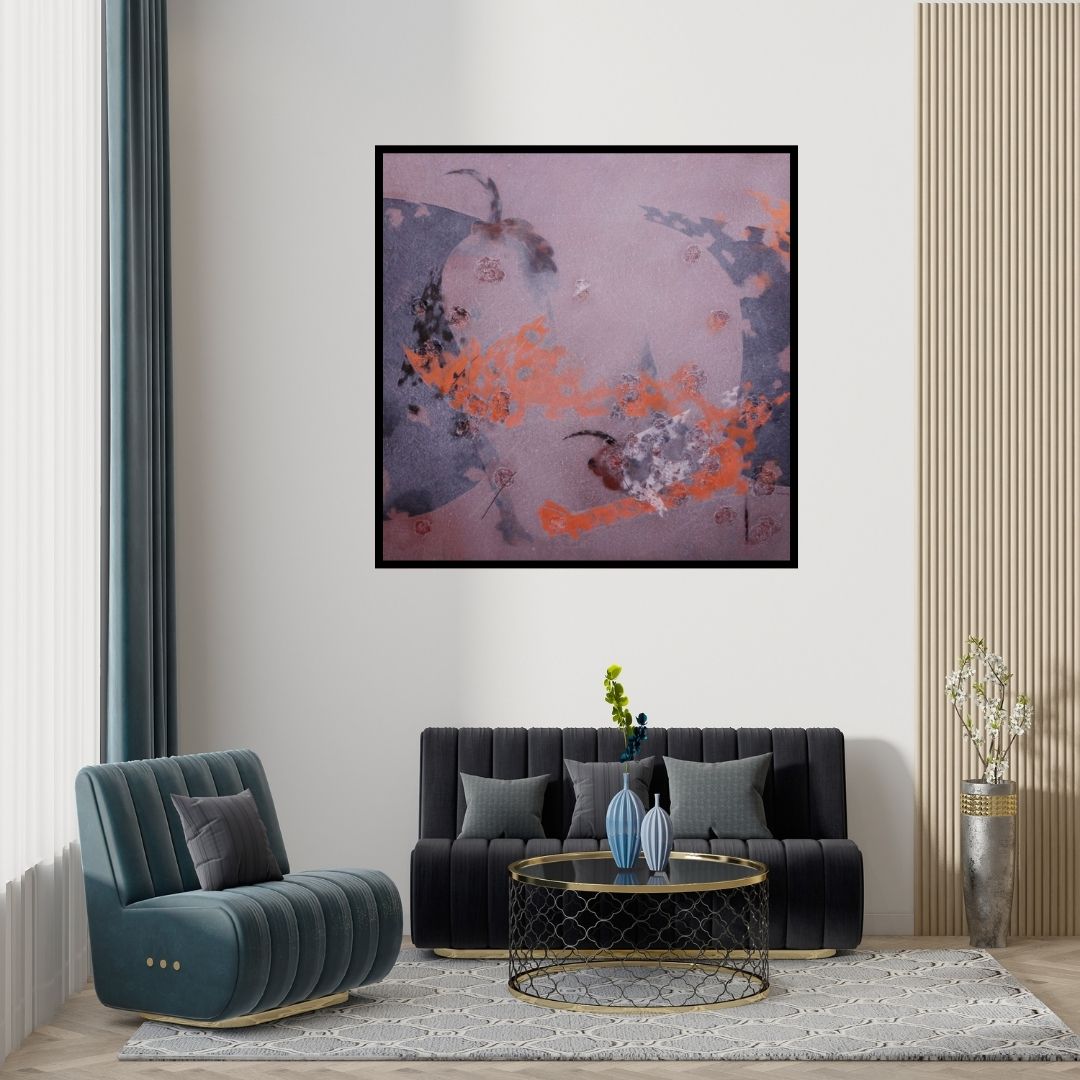 Preview of 'Colours Of Life 3 (Emergent Forms)' Painting by Asif Sharief Shaikh shown on a wall in a furnished room.