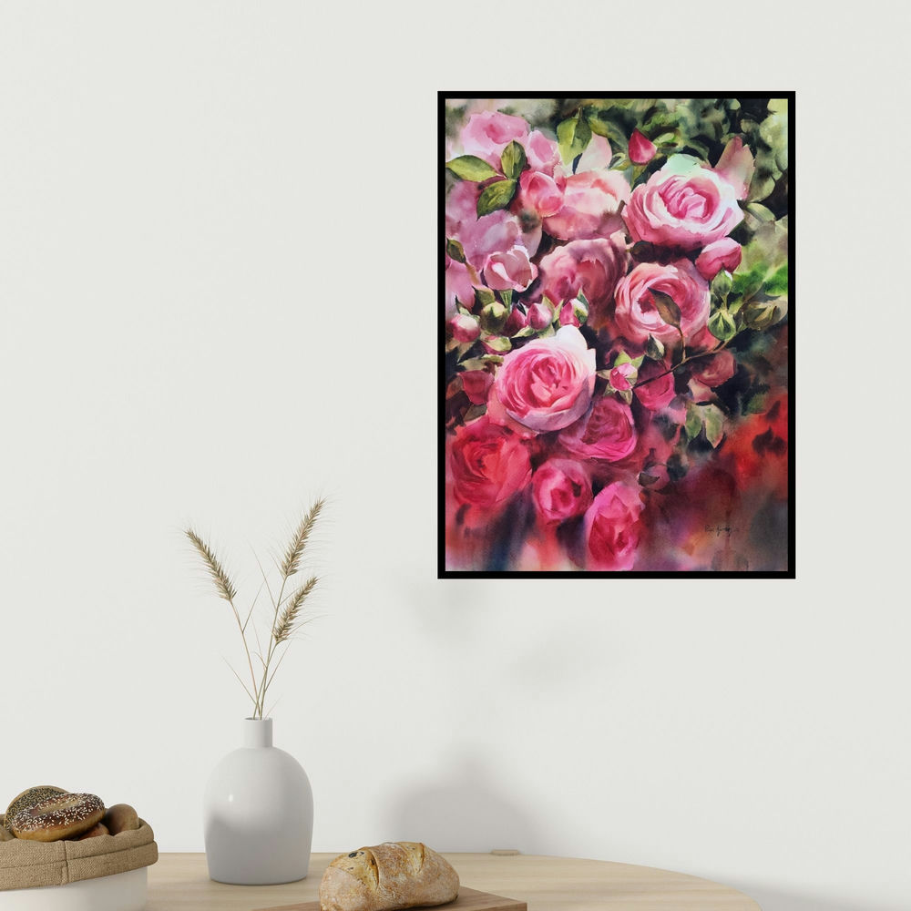 Puja Kumar's 'Comely (A Bouquet of Delicate Beauty**)' painting visualized above a sofa in a contemporary room.