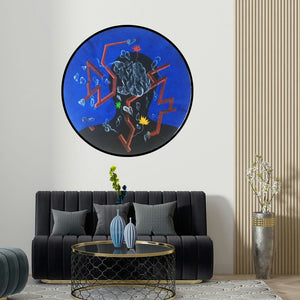 Devidas Agase's 'Comlexity Iii (Inner Cosmos)' painting visualized above a sofa in a contemporary room.