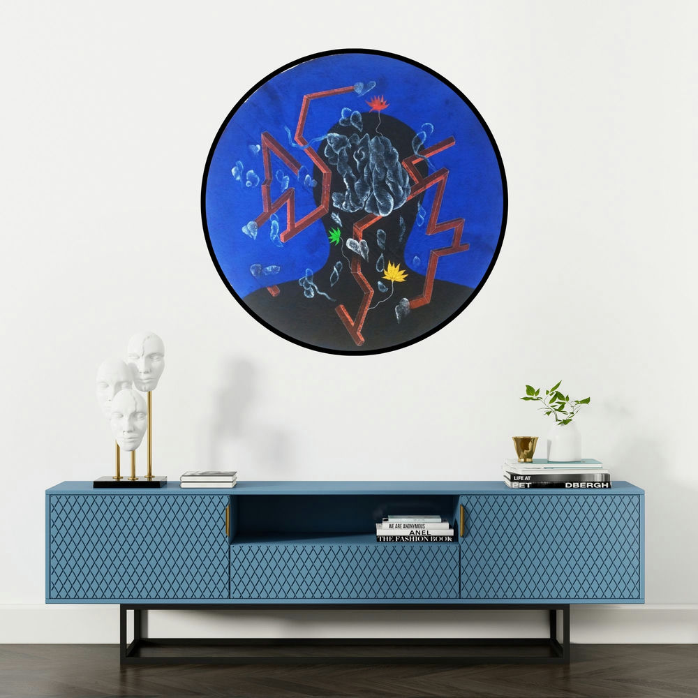 'Comlexity Iii (Inner Cosmos)' painting by Devidas Agase shown on a wall in a furnished room.