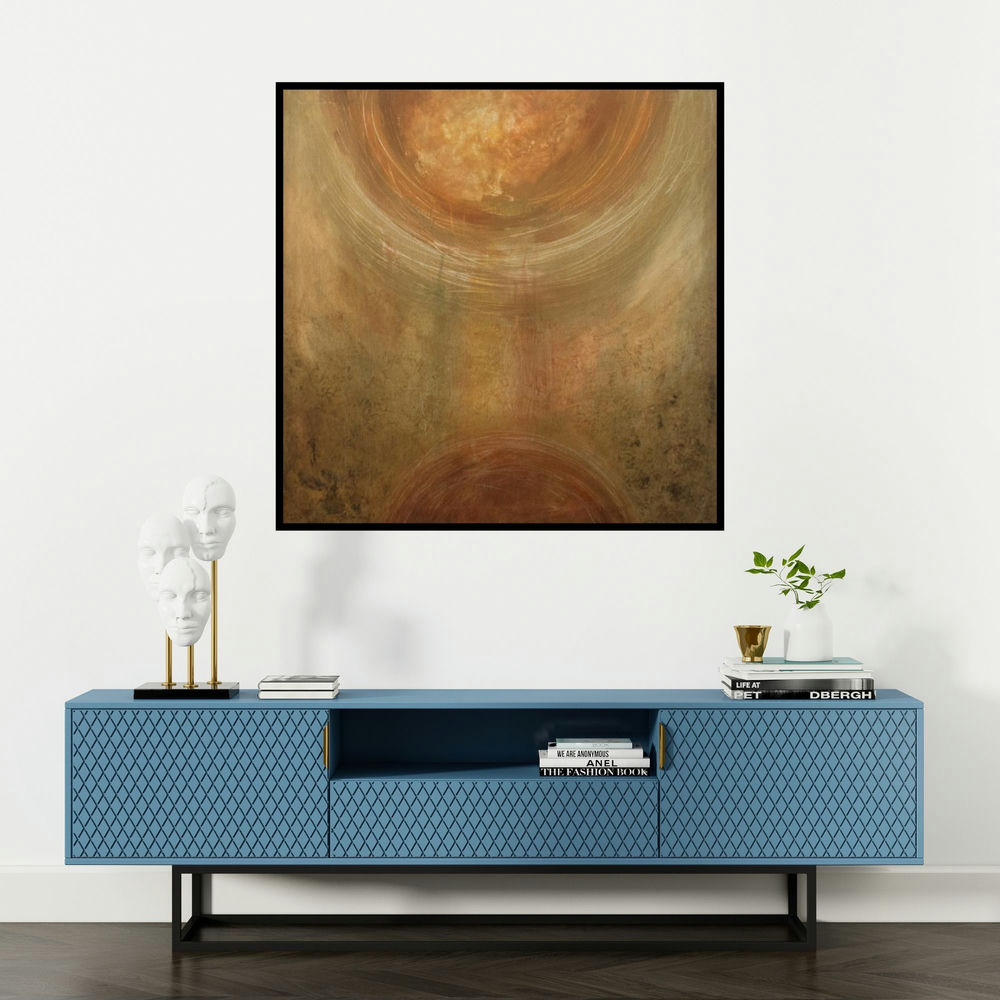 'Communication (Celestial Resonance)' painting by Sanjay Akolikar shown on a wall in a furnished room.