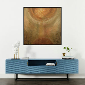 'Communication (Celestial Resonance)' painting by Sanjay Akolikar shown on a wall in a furnished room.