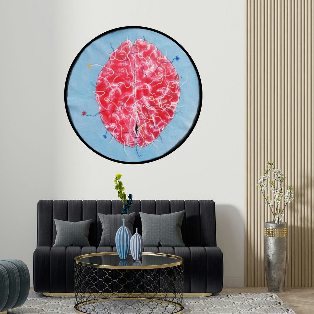 Devidas Agase's 'Complexity Ii (Brain Coral)' painting visualized above a sofa in a contemporary room.