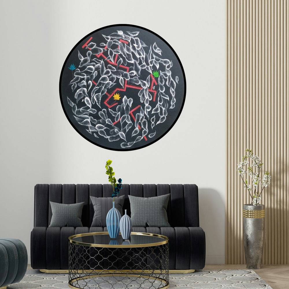 Devidas Agase's 'Complexity Iv (Seed of Life)' painting visualized above a sofa in a contemporary room.