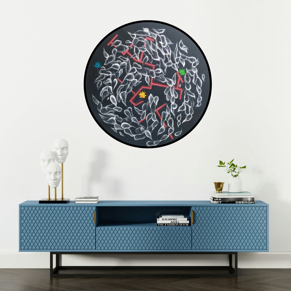 'Complexity Iv (Seed of Life)' painting by Devidas Agase shown on a wall in a furnished room.