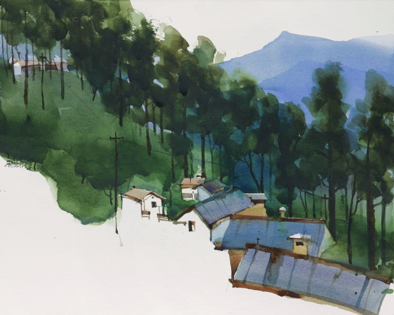 Composing Slopes And Roofs' landscape watercolor painting by artist Prashant Prabhu, 16x20 inch, on paper board