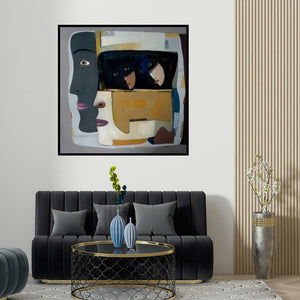 Mihir Kayal's 'Composition 14 (Faces within Faces)' painting visualized above a sofa in a contemporary room.