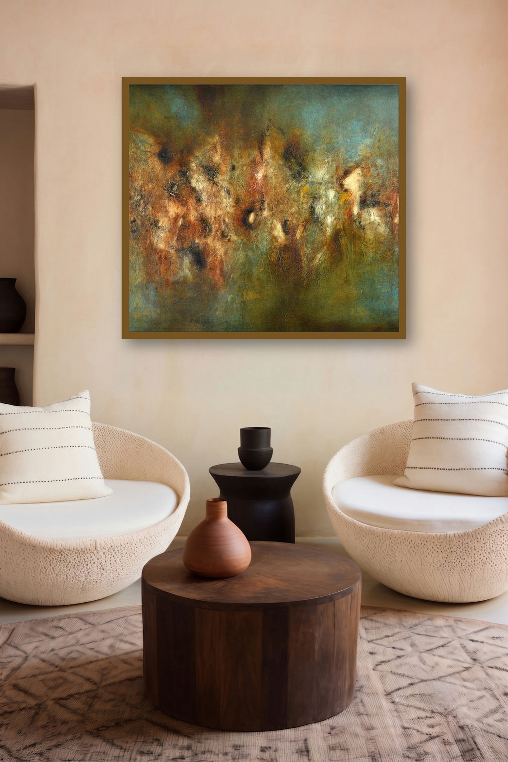Composition 16 (Emerald Reverie) by artist Sanjay Akolikar displayed in a Luxury gallery
