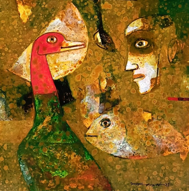 'Composition 4' figurative acrylic painting by artist Mihir Kayal, 12x12 inch, on paper