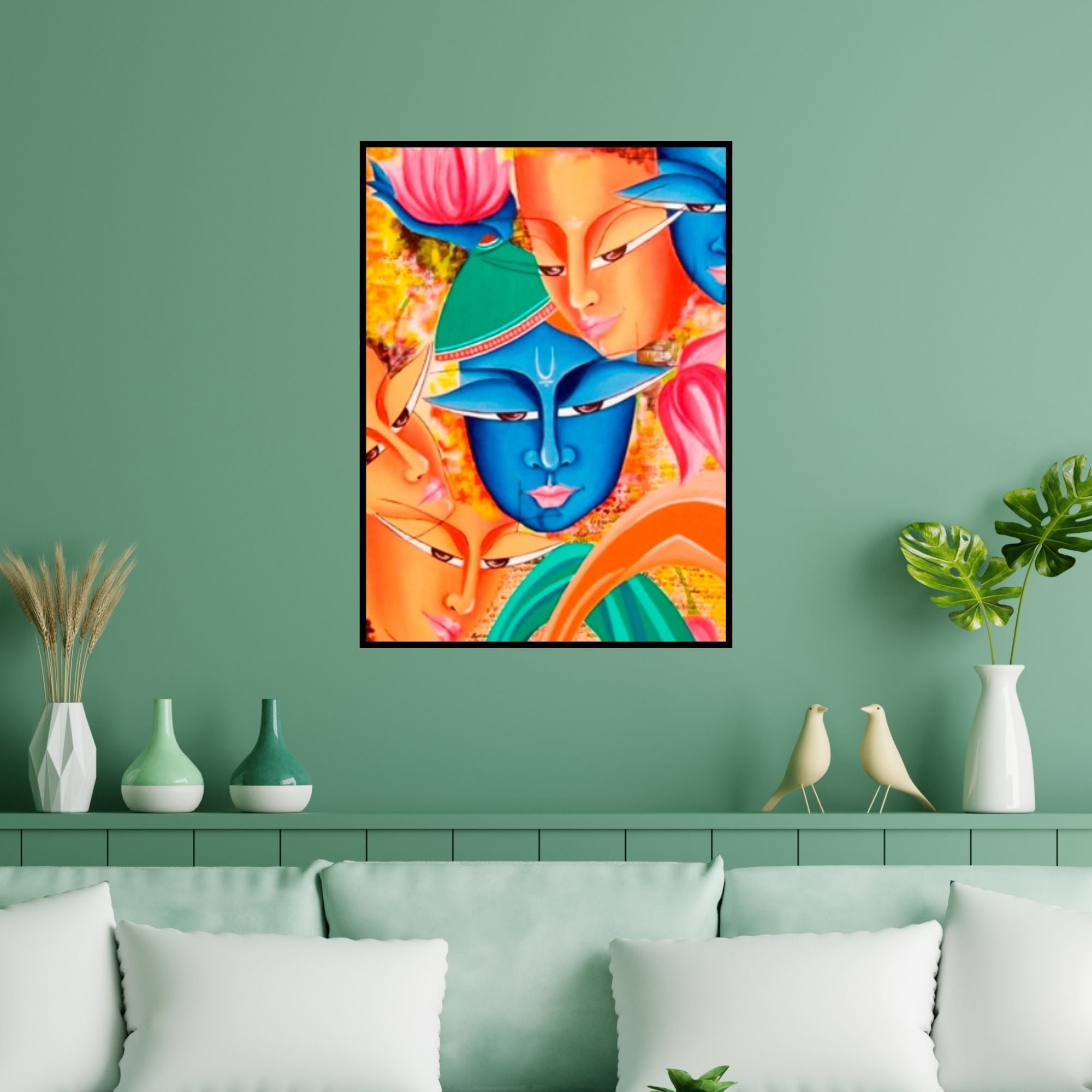 Preview of 'Composition On Sree Krishna' Painting by Deepali Mundra shown on a wall in a furnished room.