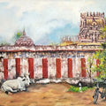 By The Compound Wall' landscape oil painting by artist Subhashree Sridhar, 13x15 inch, on canvas