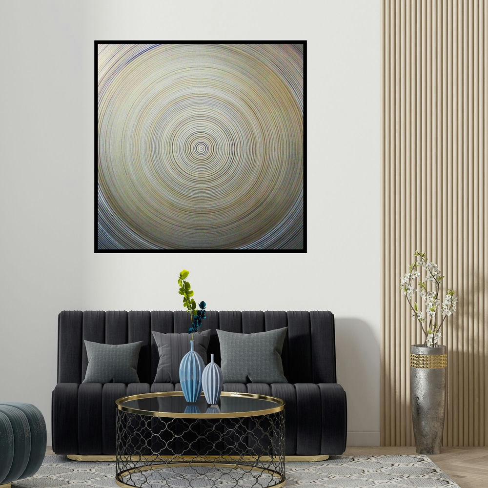 Ghanshyam Gupta's 'Concentration One (Cosmic Contemplation)' painting visualized above a sofa in a contemporary room.