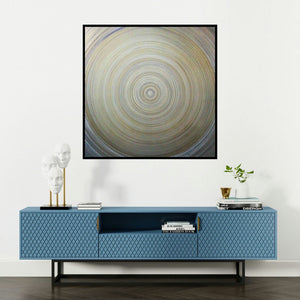 'Concentration One (Cosmic Contemplation)' painting by Ghanshyam Gupta shown on a wall in a furnished room.