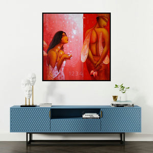 'Conciliate' painting by Samir Sarkar shown on a wall in a furnished room.