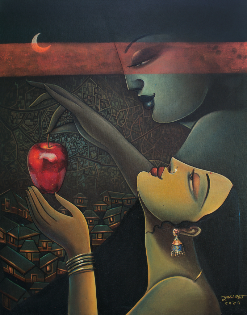 A Concrete Jungle' figurative acrylic painting by artist Sumon Naskar, 36x30 inch, on canvas