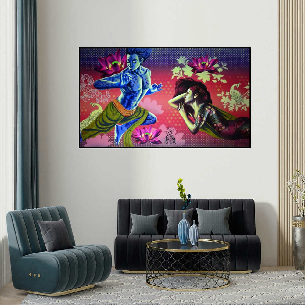 Prashanta Nayak's 'Confluence Of Emotions 1' painting visualized above a sofa in a contemporary room.