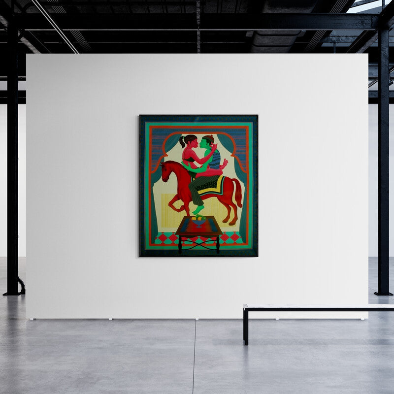 In-situ view of Pradipta Chakraborty's 'The Conjugal Tsunami (Lovers on Horseback)' painting in a room