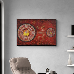 Preview of 'Connection Series 1 (The Cosmic Dance)' Painting by Nitu Chhajer shown on a wall in a furnished room.