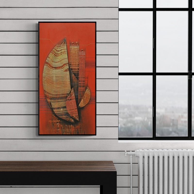 Preview of 'Conquer Abstract 12 (Untitled)' Painting by Rahul Dangat shown on a wall in a furnished room.