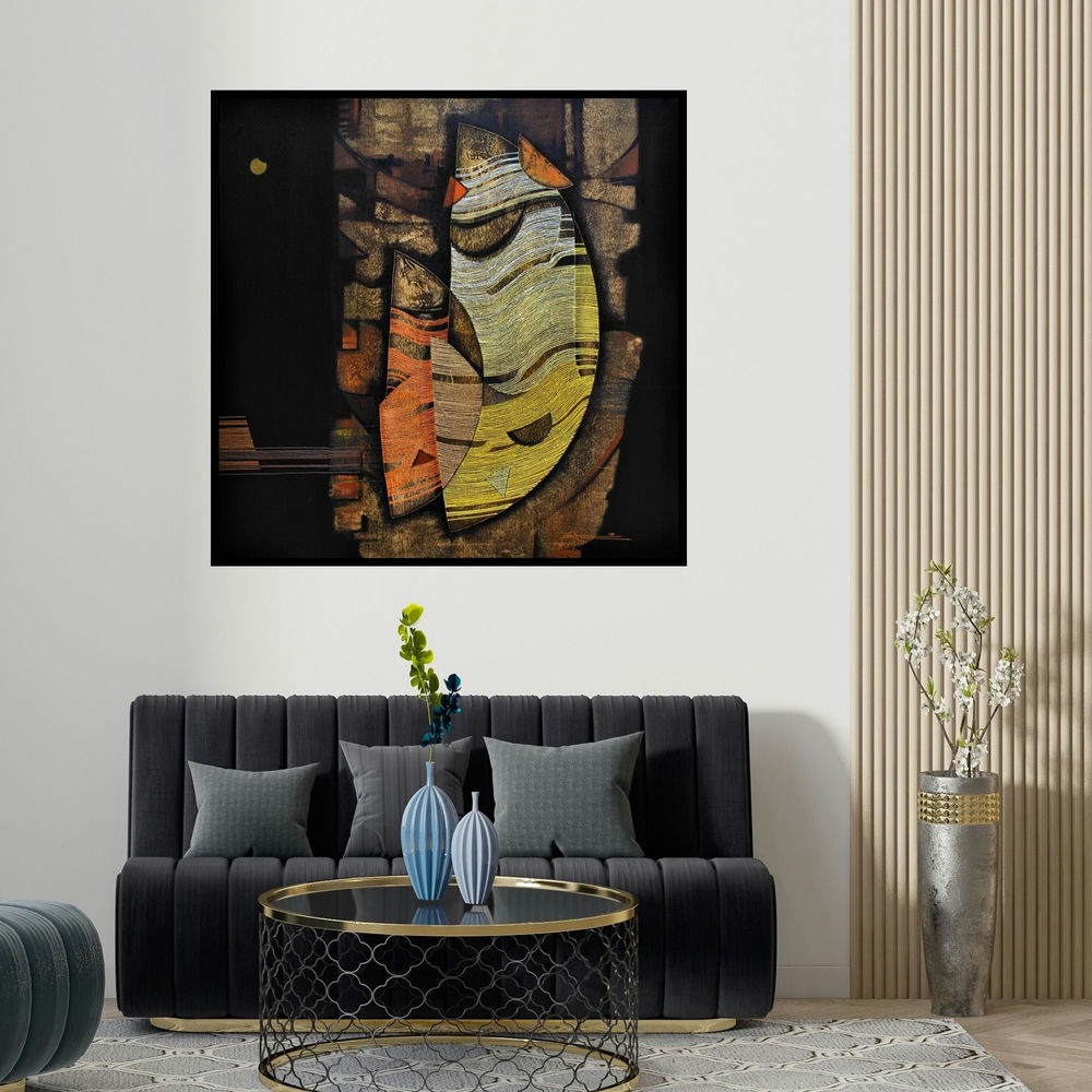 Rahul Dangat's 'Conquer Abstract 7' painting visualized above a sofa in a contemporary room.