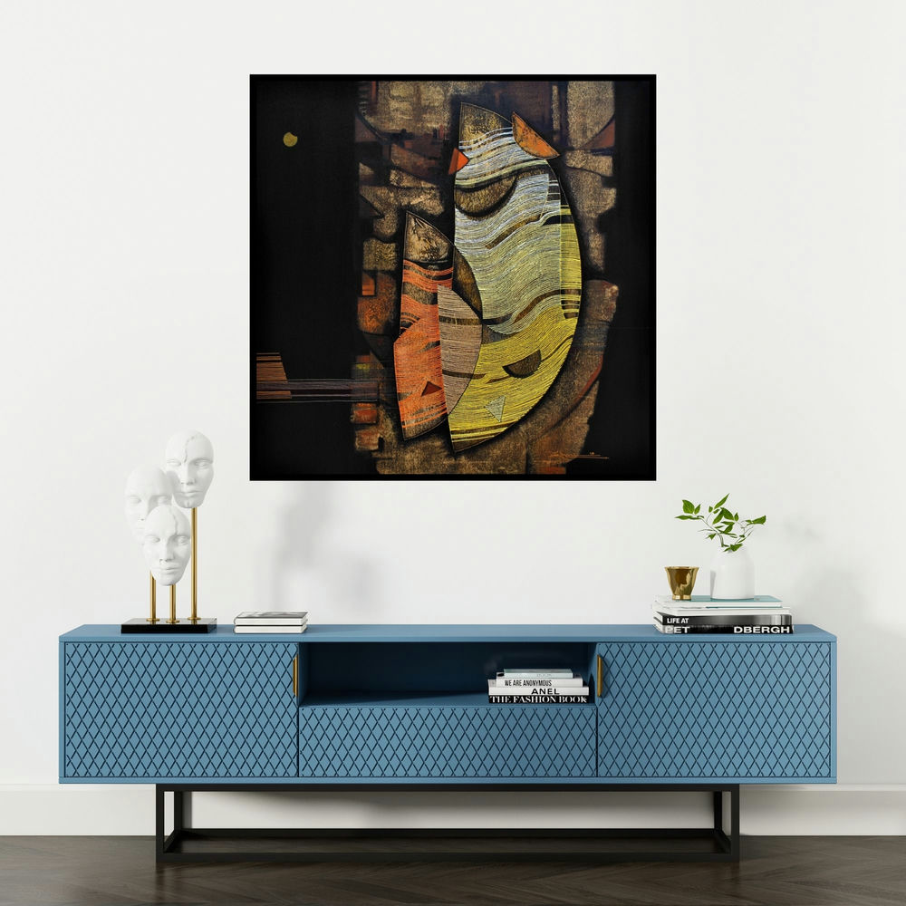 'Conquer Abstract 7' painting by Rahul Dangat shown on a wall in a furnished room.