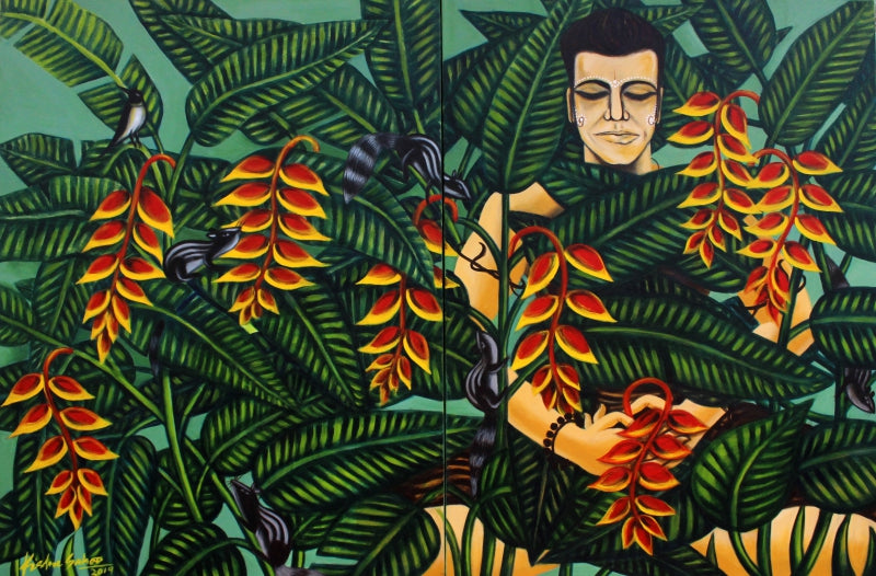 Contemplation' figurative acrylic painting by artist Kishore Sahoo, 36x59 inch, on canvas