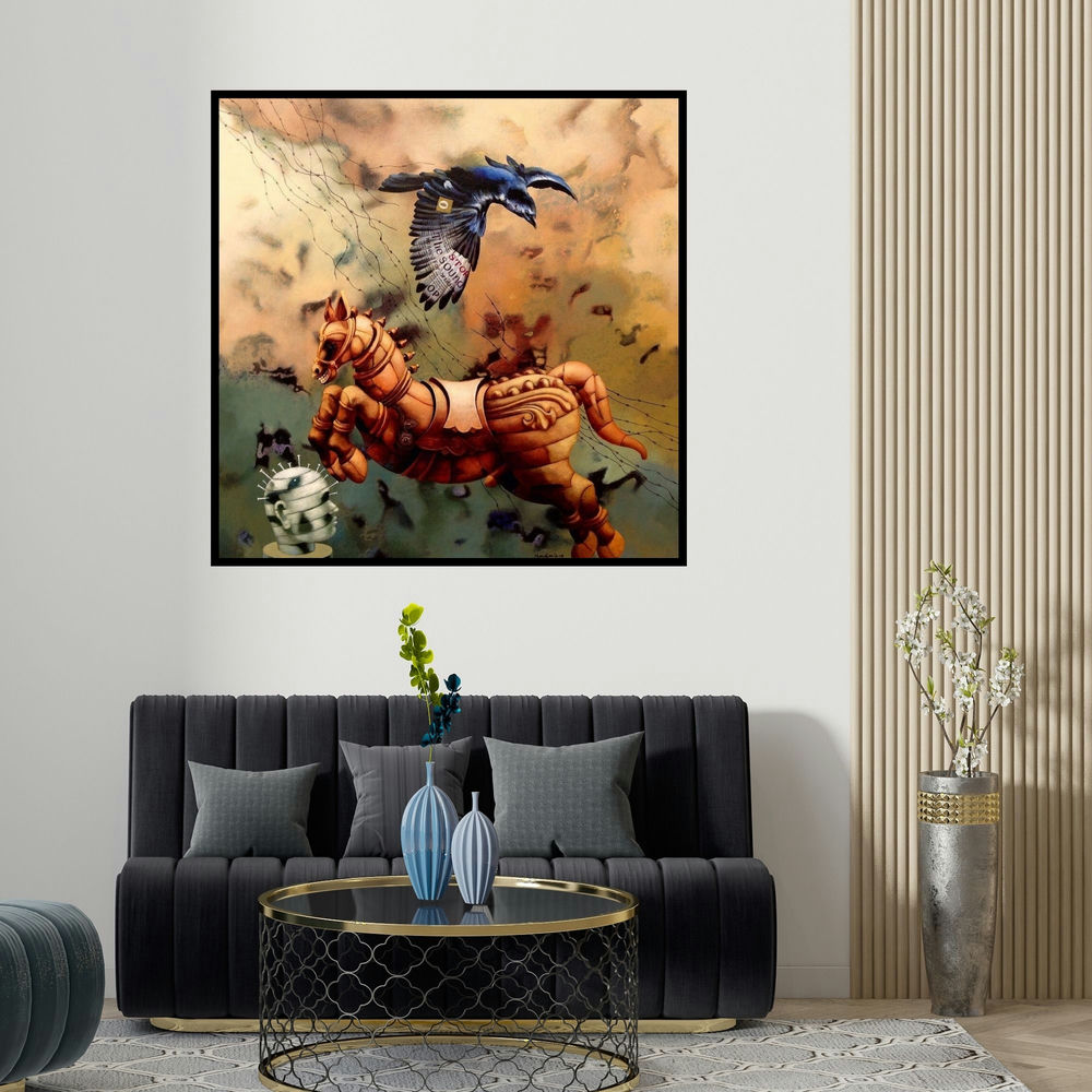 Kandan G's 'Contemporary Society 95 (Messenger)' painting visualized above a sofa in a contemporary room.