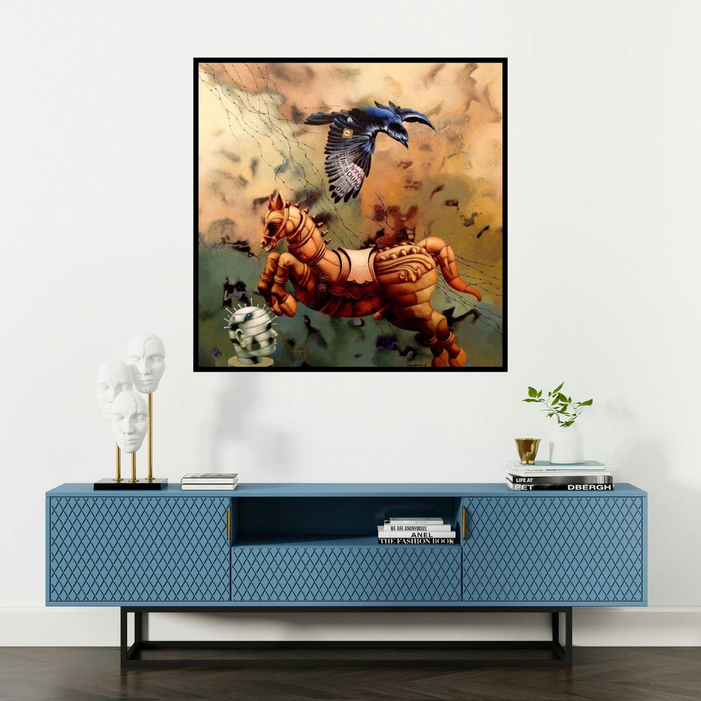 'Contemporary Society 95 (Messenger)' painting by Kandan G shown on a wall in a furnished room.