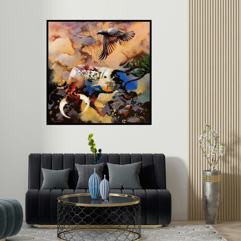 Kandan G's 'Contemporary Society 96 (Bull and Raven)' painting visualized above a sofa in a contemporary room.