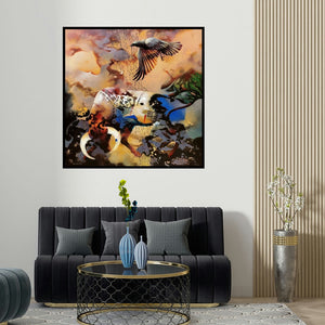 Kandan G's 'Contemporary Society 96 (Bull and Raven)' painting visualized above a sofa in a contemporary room.