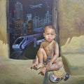 Contrast Of Innocence And Progress' figurative acrylic painting by artist Shyamsundar Achary, 36x36 inch, on canvas