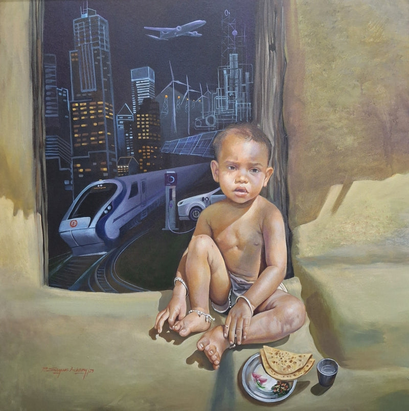 Contrast Of Innocence And Progress' figurative acrylic painting by artist Shyamsundar Achary, 36x36 inch, on canvas