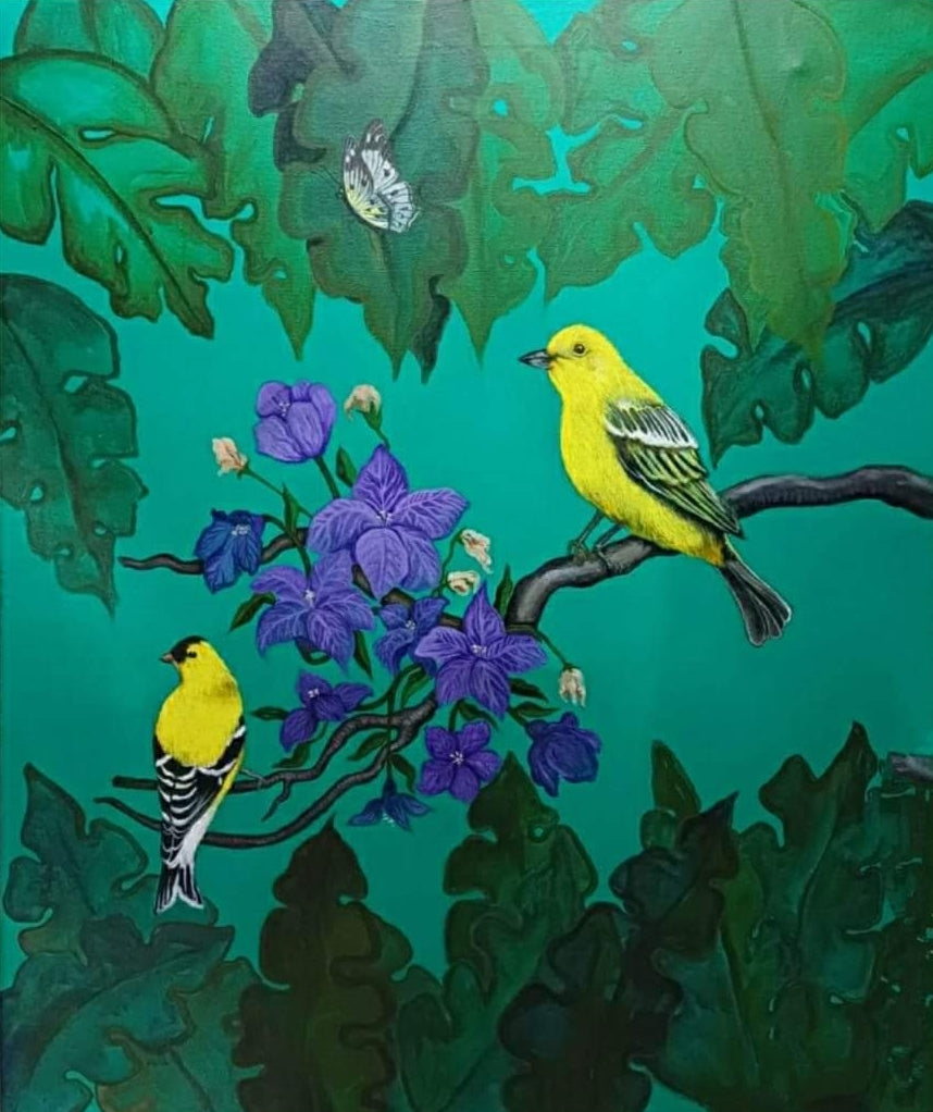 Conversation' animals acrylic painting by artist Shyamali Paul, 36x30 inch, on canvas