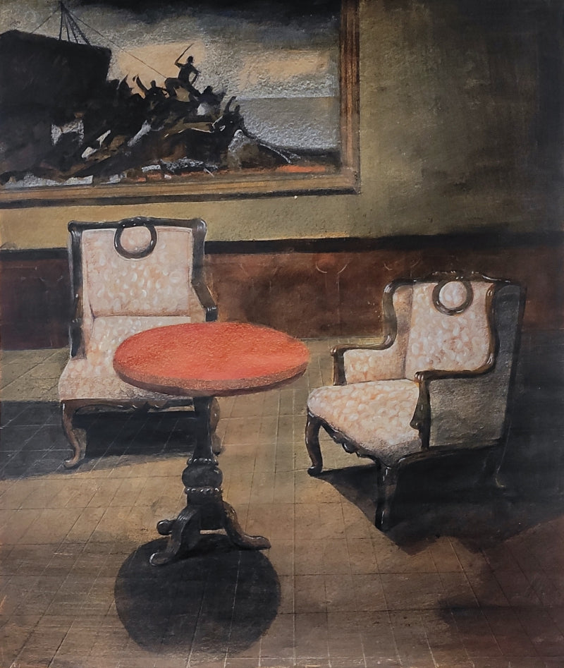 'Conversation' still-life mixed-media painting by artist Soyali Saha, 39x32 inch, on paper