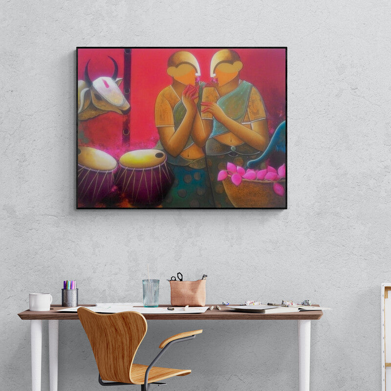 In-situ view of Anupam Pal's 'Conversation' painting in a room