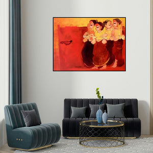 Sarang Waghmare's 'Conversation' painting visualized above a sofa in a contemporary room.