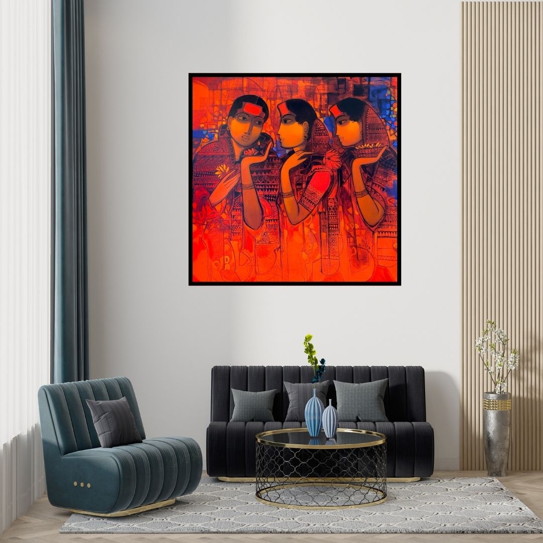 Preview of 'Conversation' Painting by Sachin Sagare shown on a wall in a furnished room.
