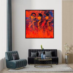 Preview of 'Conversation' Painting by Sachin Sagare shown on a wall in a furnished room.