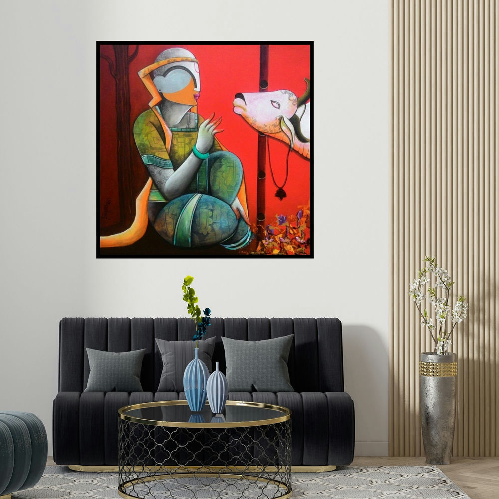 Anupam Pal's 'In A Conversation' painting visualized above a sofa in a contemporary room.